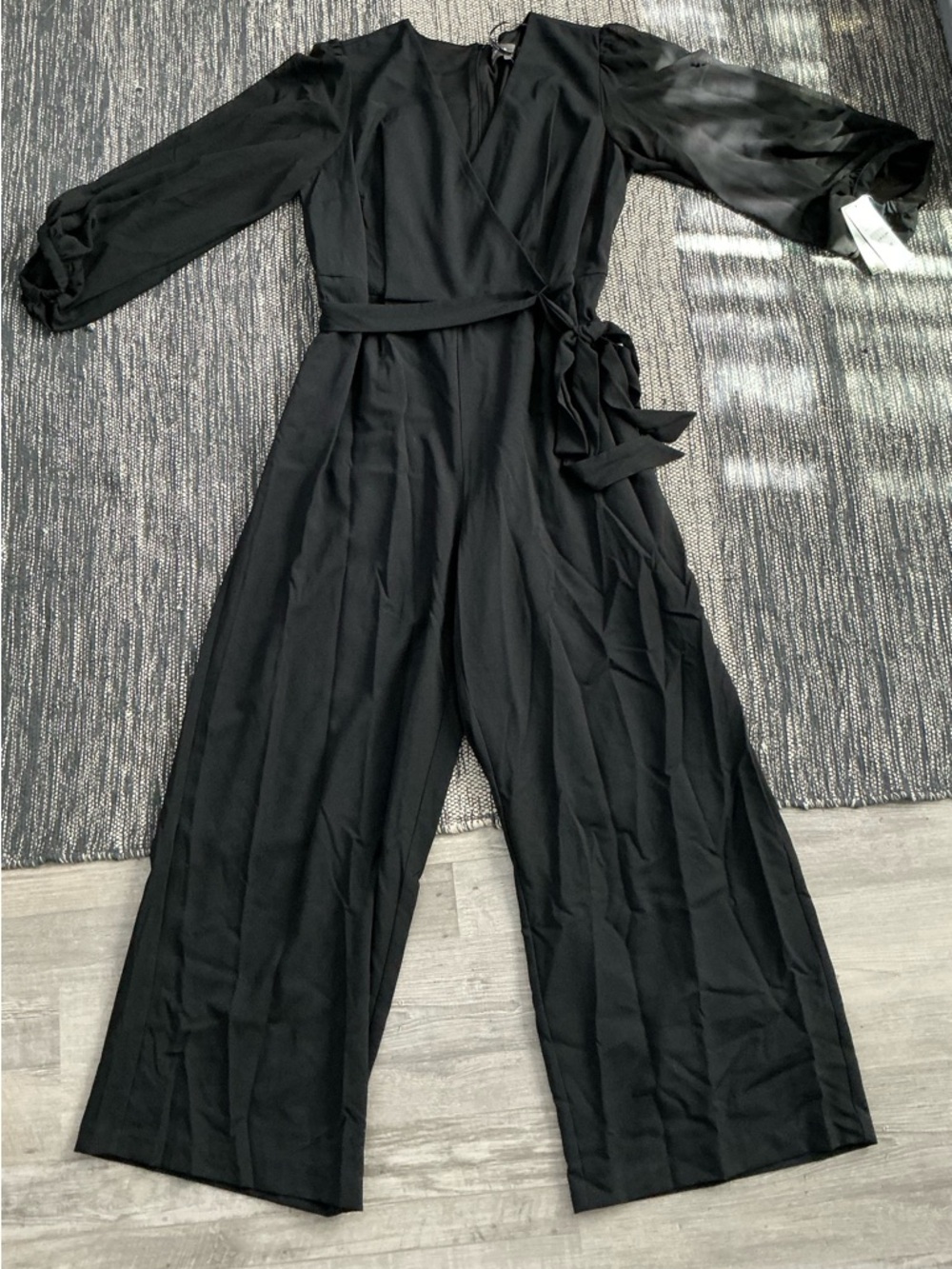 Donna Ricco women's solid black jumpsuit featuring sheer sleeves - Picture 4 of 12